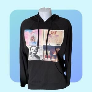 Popstar Woman’s Black Hoodie Sweatshirt Screenprint Album Covers M 8 10 EUC
